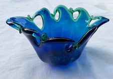 Auténtico cuenco de cristal de Murano vintage azul cobalto verde estrellas de mar bordes arte Italia