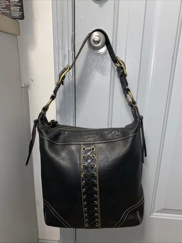 Borsa a tracolla Coach F06S 10400 in pelle con lacci nera e ciottoli