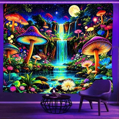 Fantasy Forest Tapestry Aesthetic UV Reactive Waterfall Tapestries 60x51Inch ...