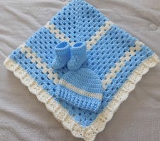 Blue  Off-White Handmade Crochet Baby Blanket, Hat and Bootie Set