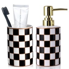 Bathroom Toothbrush Holder Set, Ceramic Checkered Soap Dispenser and Tooth Br...