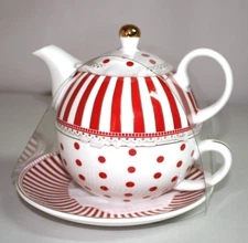 Grace Teaware Josephine Red Stripes & Dots ‘Tea for One’ Set Gold Accents New