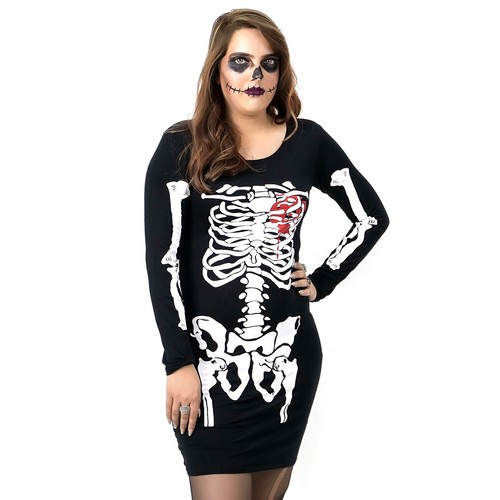 Damen Mädchen Halloween Skelettdruck Bodycon Tunika Kleid Schädel Knochen Kostüme - Bild 8 von 13