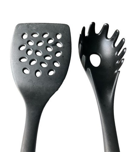 OXO GOOD GRIPS 14.5" BLACK NYLON RUBBER PIERCED HOLE SPATULA & PASTA FORK - Picture 2 of 4