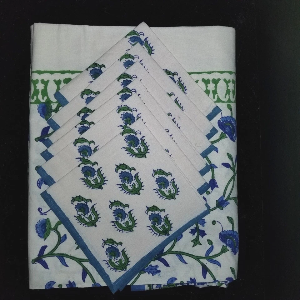 Blue Green White Rectangular Block Print Table Cloth & Napkins Set - Image 2 of 4