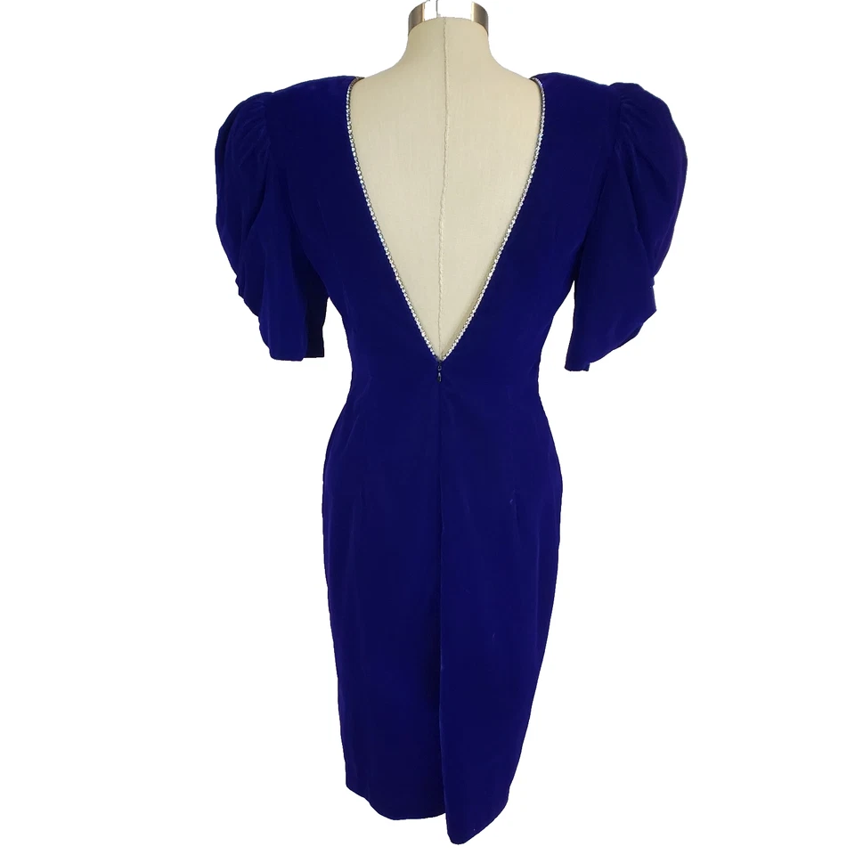 Vestido de Cóctel De Colección Años 80 90 Terciopelo Manga Abullonada Estrás Espalda Abierta Púrpura Retro Foto 3 de 4