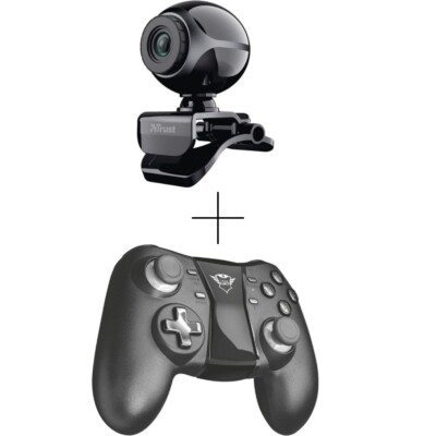 Trust Exis Webcam 300K 480p Kamera mit Trust GXT590 Wireless Gamepad -Gaming Set