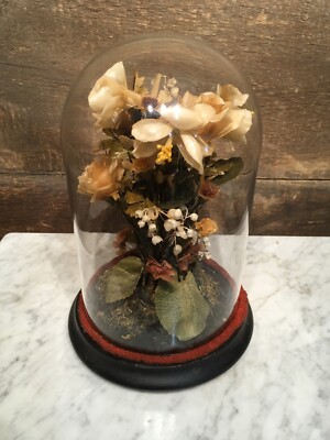 ANTIQUE VICTORIAN WAX FLOWERS UNDER GLASS DOME FINELY DETAILED