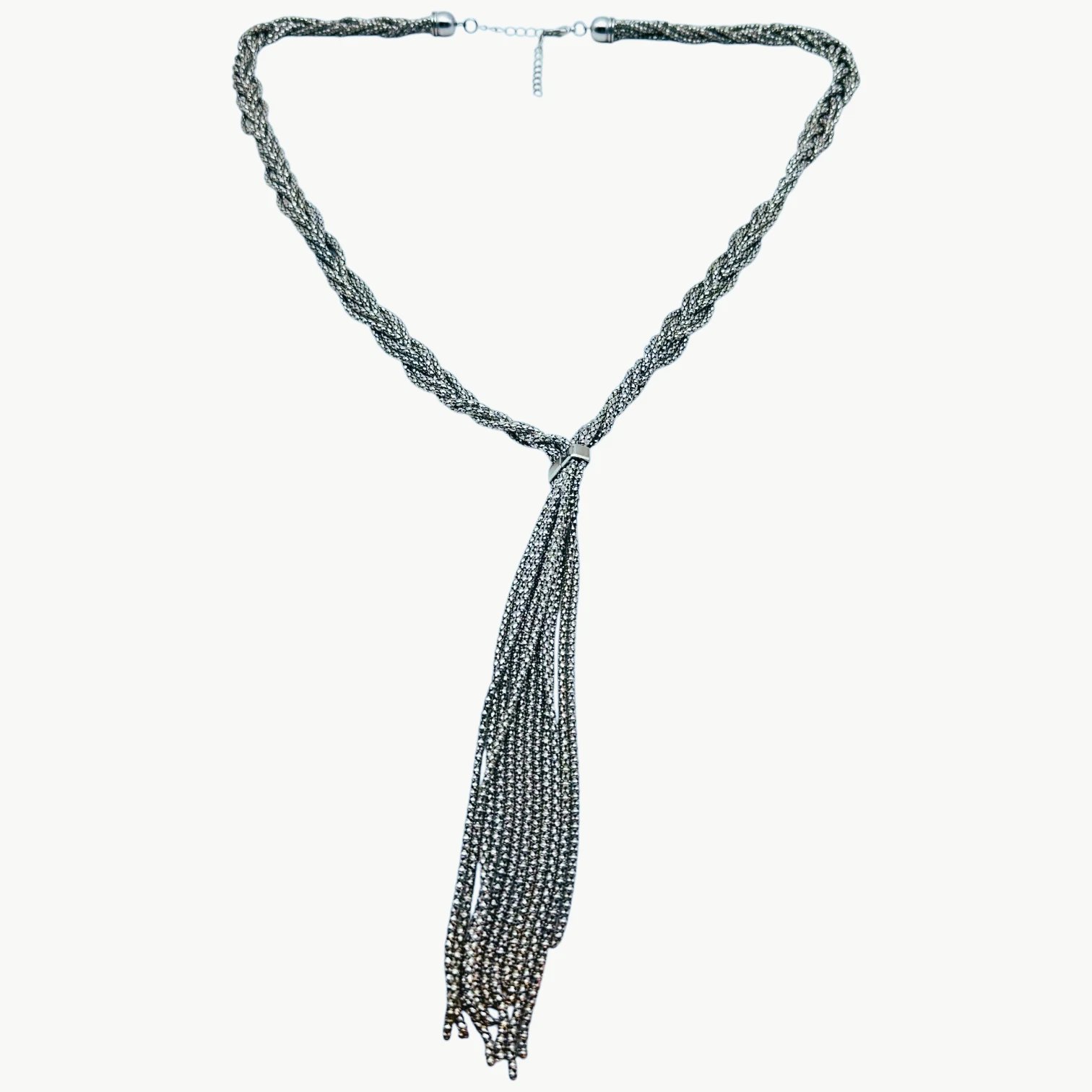VETEMENTS Collana con nappa lariat goccia catena multifilo tono argento scintillante lunga 28"