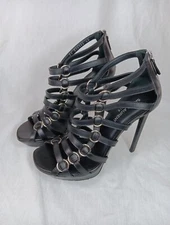 Saint Laurent Nina Cage Sandals Size 40 (9.5) Black Calfskin Strappy Stiletto EC