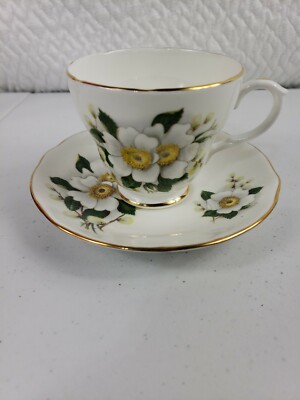 Duchess Bone China Footed Cup & Saucer, White Flowers, Yellow Centers, Gold Trim