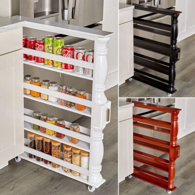 Slim Spice Can Rack Rolling Cart Wooden Space Saver Storage Kitchen  Organizer