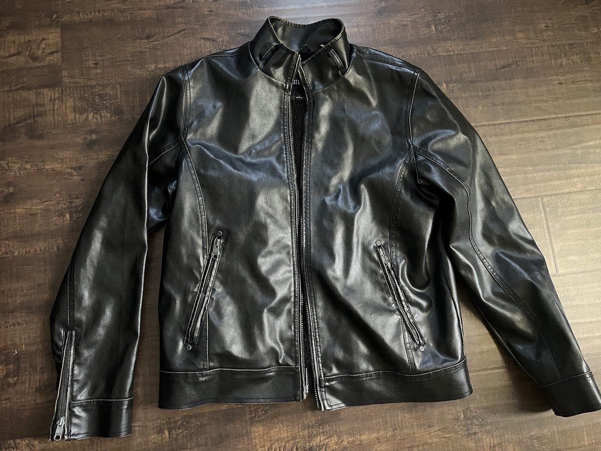 GUESS Men's Y2K Faux LEATHER BIKER MOTO JACKET Retro Sherpa sz L