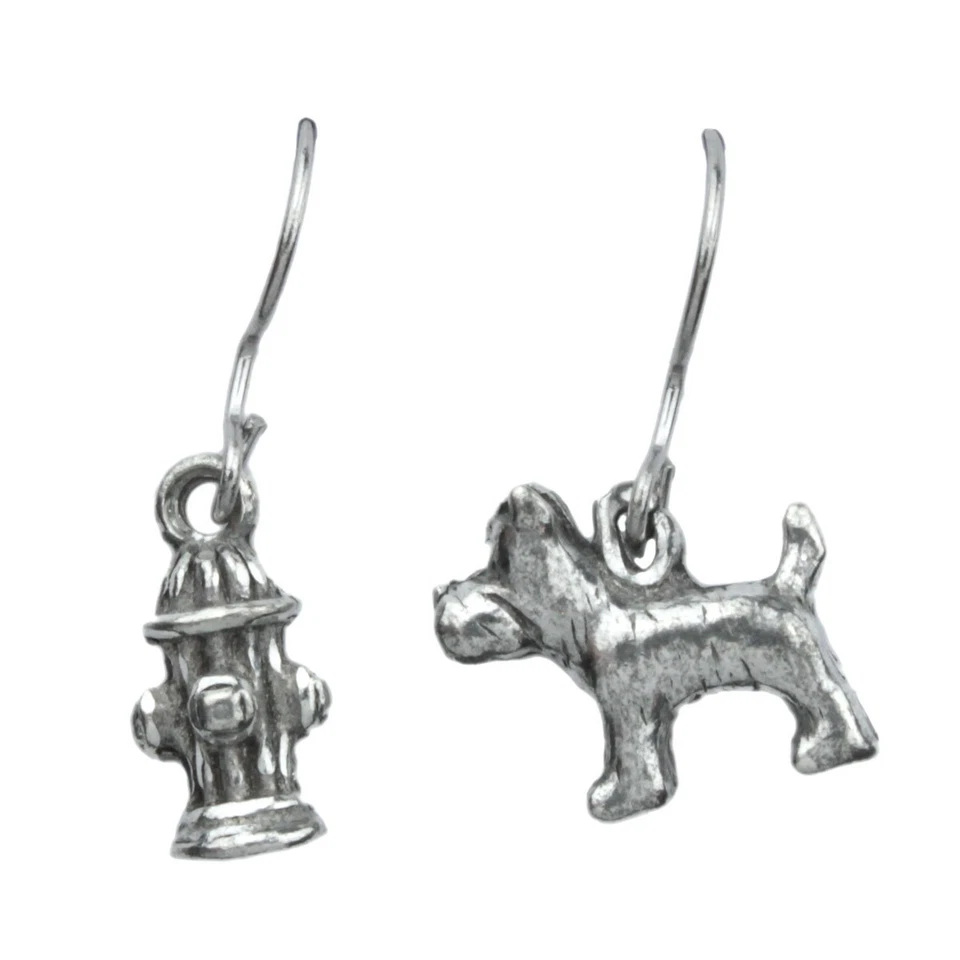 Dog and Fire Hydrant Pewter Drop Earrings 1289EP - Made in Canada