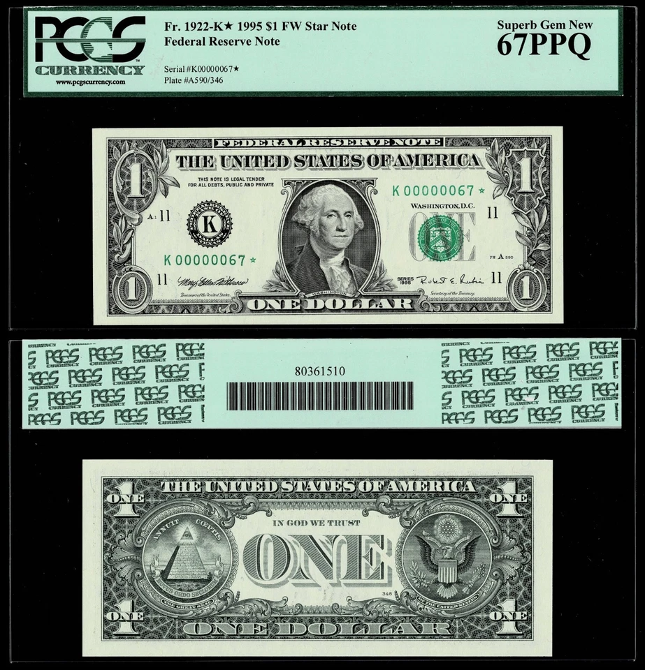 **STAR NOTE **1995 $1 FR Note DOLLAR LOW SERIAL #-2 DIGIT 00000067* PCGS 67 PPQ - Image 2 of 2