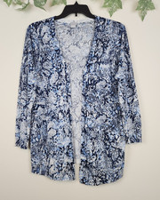 Chico  s Size 2 US-L Blue White Open Front Animal Print Long Sleeve Cardigan