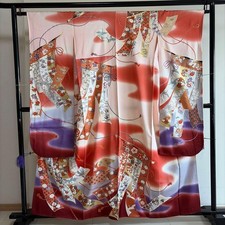 Pure Silk Kimono with Cherry Blossom Crimson Noshi, Good Condition