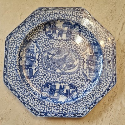 Antiker William Adams chinesischer Vogel Adams China achteckiger Teller Platte blau