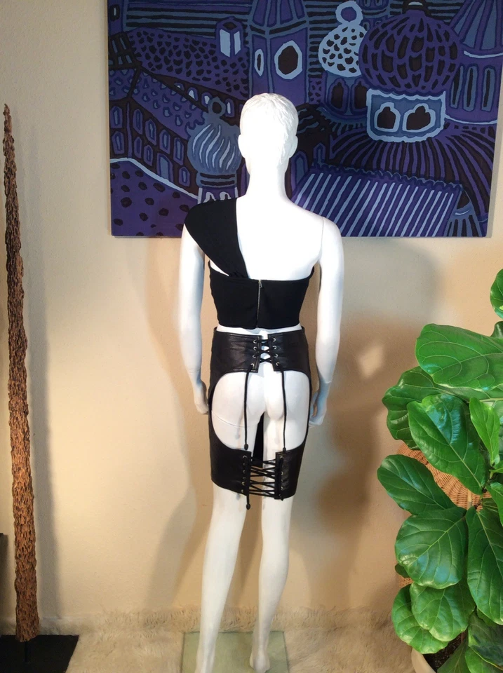 Leatherotics Vintage Exótica Piel de Cordero Cuero Espalda Abierta Encaje Falda Lápiz Talla 32