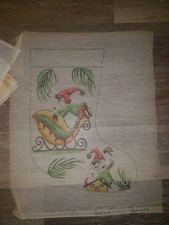 Rare VINTAGE MLN Mary NETTUNO Christmas Stocking Needlepoint Canvas Elves Sleigh