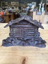 Black Forest Type Carved Wooden Cottage Box with Key - Very Good Condition
