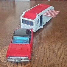 Bandai 1962 Ford Falcon Friction Tin Toy Car W/ house Van Camper Made In Japan