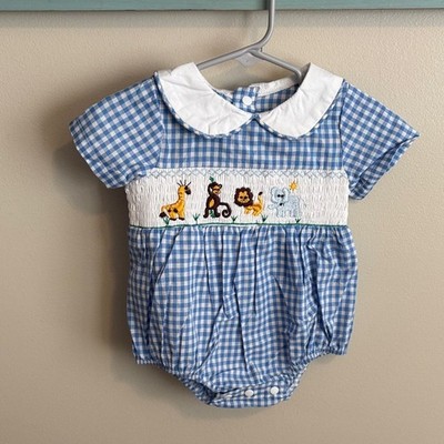 SHEIN Blue Checkered Baby Romper smocked zoo animals size 6-9 months