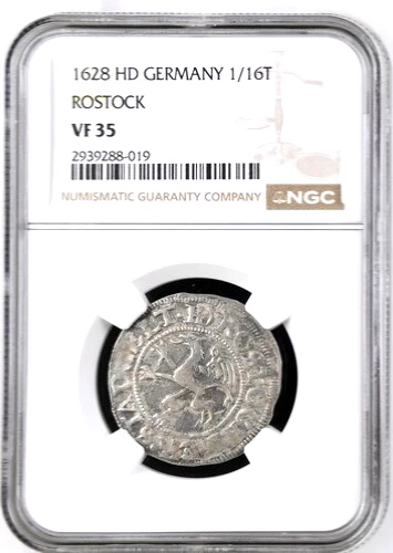 1628 HD German States Rostock 1/16 Thaler, NGC VF 35, KM-26, Germany