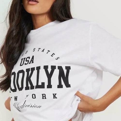 Womens T Shirt Ladies Oversized Baggy Fit Short Sleeve Slogan T-shirt Tee Tops - Picture 23 of 39