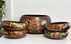 Vintage Wooden Bowl Sets Hand Painted Flowers 1982 Artist Signed R.S