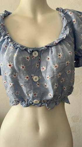Zara XS Ditsy blue white Daisy Ruffled button down Deep Scoop Neck crop top - Picture 5 of 6