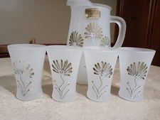 Vintage 1960's? Hansetta Artware Co. NY Hand Painted Frosted Pitcher w/4 glasses