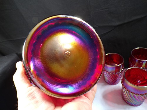Westmoreland Red Carnival Glass Ball & Swirl Water Set - Pitcher & 6 Tumblers #4 - Picture 6 of 14