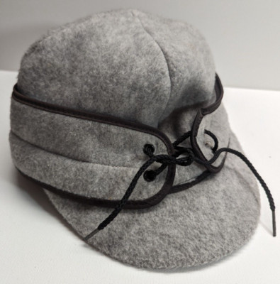 Vintage USA Made Snow Hat Laced Front Gray Wool Heavy Duty