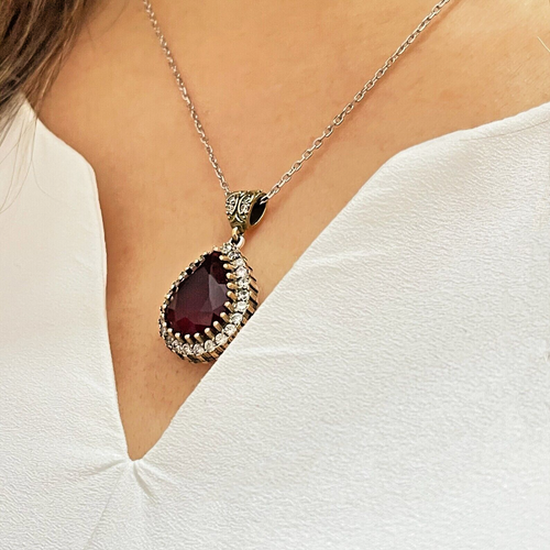3Ct Pear Cut Lab-Created Ruby Women's Pendant Necklace 14k White Gold Plated - Picture 3 of 7