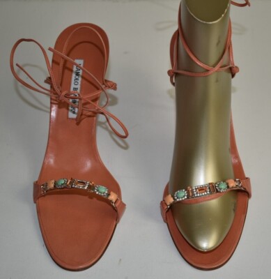 $1165 NEW Manolo Blahnik Strappy Sandals Coral Orange Crystal