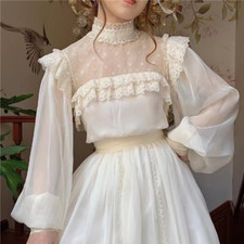 Vintage Cottage Chiffon Gatsby Dress FairyWoman Chic Romantic Lace LanternSleeve