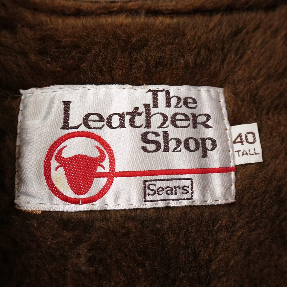 VTG Sears Jacket Mens 40 Tall Red Brown Leather Shop Moto Biker Fleece Zip Coat - Image 3 of 4