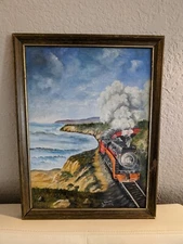 Vintage Outsider Art Southern Pacific Locomotive at the coast by Roberta Stanton