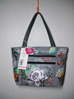 NWT Anna by Anuschka Hand painted Floral Large Tote Bag Gray