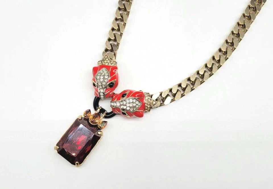 Roberto Cavalli Panther Pendant w Enamel, Swarovski Crystal On Long Curb Chain