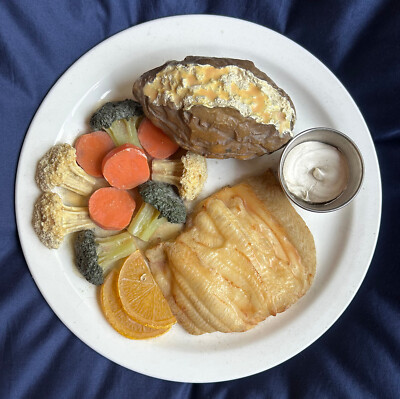 Vintage Fake Food Fish Vegetables Baked Potato Lemons Sour Cream Dinner Plate