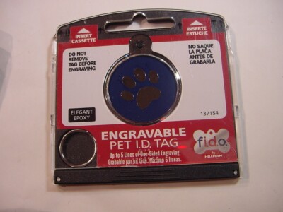 NEW - FIDO ENGRAVABLE PET I.D. TAG - BLUE WITH A DOG PRINT PAW