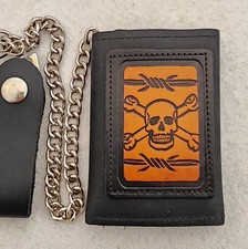 USA Skull Leather Trifold Biker Trucker Chain Motorcycle Wallet Leather Patch