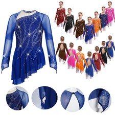 Girls Sparkly Long Sleeve Figure Ice Skating Dress Irregular Hem Skirted Leotard