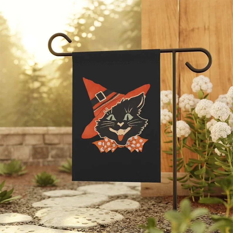 Halloween Black Cat Garden Flag, Witchy Spooky Season Yard Decor