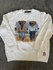 Rare Polo Ralph Lauren Ralph And Ricky Double Bear Knit Sweater L Cotton White