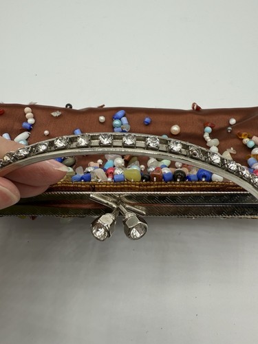 Vintage Brown Beaded Bag Purse Kiss Lock - Picture 5 of 6