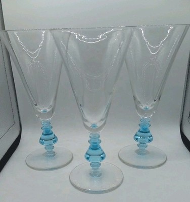 Vintage Set of 3 Bryce Crystal Contour CERULEAN BLUE Stem Water Goblets