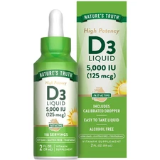Liquid Vitamin D3 5000 IU 2 Fl Oz Vegetarian Gluten Free Fast Acting Supplement